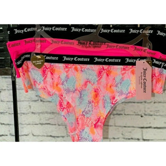 Juicy Couture M Pink Snake Print Pink-Black Logo Caged Back No Line Panties-3 Pk - Picture 2 of 6